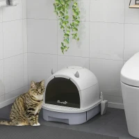 PawHut Cat Litter Box with Lid, Front Door Flap, Scoop, Handle, Easy Clean, for Small and Medium Cats, Grey(m-1)