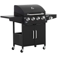 Outsunny 4+1 Burner Liquid Propane Gas Grill Outdoor Cabinet Style BBQ Trolley w/ Side Burner, Warming Rack, Side Shelf, Storage Cabinet, Thermometer, 4 Wheels, Carbon Steel, Black(m-11)