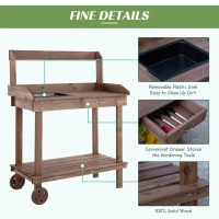 Outsunny 36" Wooden Potting Bench Work Table with 2 Removable Wheels, Garden Workstation with Removable Sink, Drawer & Large Storage Spaces, Brown(m-5)