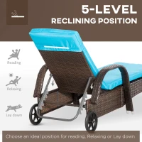 Outsunny 3 Pieces Wicker Patio Lounger Set with Table, PE Rattan Outdoor Lounge Chair Set with Cushions, Wheels, 5-Level Reclining Backrest, Headrest, Brown/Blue(m-5)