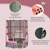 Outsunny 55" Kids Trampoline with Enclosure Net for Indoor/Outdoor, Trampoline for Boys and Girls Age 3-6 Years, Pink(m-6)