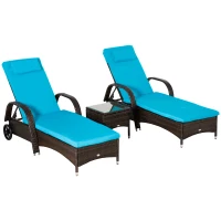 Outsunny 3 Pieces Wicker Patio Lounger Set with Table, PE Rattan Outdoor Lounge Chair Set with Cushions, Wheels, 5-Level Reclining Backrest, Headrest, Brown/Blue(m-2)