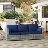 Outsunny 3-Seater Outdoor Sofa with Cushions, PE Rattan Conversation Patio Couch with Pillows for Garden, Poolside, Dark Blue(m-10)