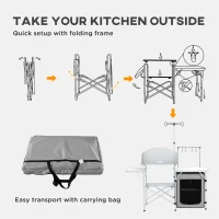 Outsunny Folding Camping Table with Storage Organizer Aluminum Portable Camping Kitchen with Windshield Light Stand Bag Silver(m-6)