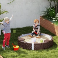 Qaba 47" Round Kids Sandbox with Cover, 3 Seats, Waterproof Bottom Liner, for Backyard, Lawn, Garden, Beach, Patio, Brown(m-2)