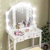 HOMCOM Makeup Vanity Table with Stool, Vanity Set with 10 LED Lights, 5 Drawers and 3 Compartments, White(m-10)