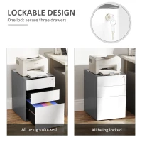Vinsetto 3 Drawer Filing Cabinet, Home Office Storage Cabinet with Wheels, Lock for A4, Letters, Legal-sized Files, Grey and White(m-4)