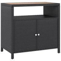 Outsunny Outdoor Storage Cabinet with Acacia Wood Top, Two Doors, Shelf, Wicker Bar Table for Pool Towel Storage, Black(m-1)