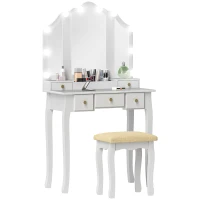 HOMCOM Makeup Vanity Table with Stool, Vanity Set with 10 LED Lights, 5 Drawers and 3 Compartments, White(m-11)