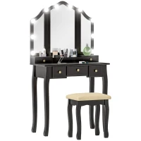 HOMCOM Makeup Vanity Table with Stool, Vanity Set with 10 LED Lights, 5 Drawers and 3 Compartments, Black(m-11)