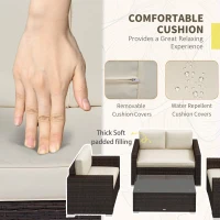 Outsunny 4 Pieces Rattan Sofa Set Wicker Patio Sofa Set with Loveseat Chairs Glass Top Coffee Table for Garden Outdoor Khaki(m-6)