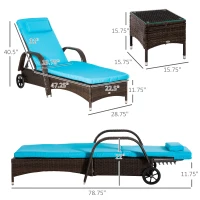 Outsunny 3 Pieces Wicker Patio Lounger Set with Table, PE Rattan Outdoor Lounge Chair Set with Cushions, Wheels, 5-Level Reclining Backrest, Headrest, Brown/Blue(m-3)
