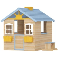 Outsunny Wooden Playhouse for Kids Outdoor Garden with Working Door, Windows, Bench, Service Station, Flowers Pot Holder, Blue(m-11)