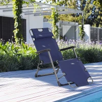 Outsunny Folding Chaise Lounge Chair for Outside, 2-in-1 Tanning Chair with Pillow & Pocket, Adjustable Pool Chair for Beach, Patio, Lawn, Deck, Navy(m-10)
