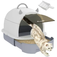 PawHut Cat Litter Box with Lid, Front Door Flap, Scoop, Handle, Easy Clean, for Small and Medium Cats, Grey(m-11)