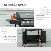 Outsunny 4+1 Burner Liquid Propane Gas Grill Outdoor Cabinet Style BBQ Trolley w/ Side Burner, Warming Rack, Side Shelf, Storage Cabinet, Thermometer, 4 Wheels, Carbon Steel, Black(m-6)
