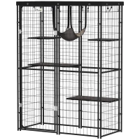 PawHut Metal Cat Cage with Waterproof Cover, 4 Platforms, Hammock, Washable Cushions for 1-3 Kittens, 46.5" x 22" x 62", Black(m-2)