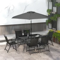 Outsunny 8 Piece Patio Set with Umbrella, 6 Folding Chairs, Rectangle Table, Outdoor Dining Set for 6 with Mesh Seat, Black(m-8)