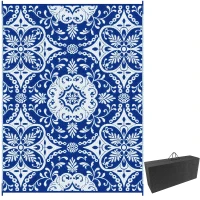 Outsunny Outdoor Rug for Patio, 9' x 12' Waterproof Large Mat, Reversible Plastic Straw Rug for Decor, Portable Outside RV Camping Area Carpet Mat for Backyard Porch Deck Picnic, Blue & White Floral(m-1)