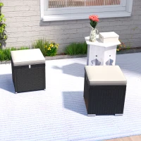 Outsunny 2 Pieces Wicker Outdoor Ottoman with Storage, Removable Cushion, Square Outdoor Footstool, Seating, Side Table, Grey(m-10)