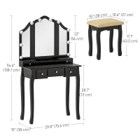 HOMCOM Makeup Vanity Table with Stool, Vanity Set with 10 LED Lights, 5 Drawers and 3 Compartments, Black(m-3)