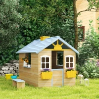 Outsunny Wooden Playhouse for Kids Outdoor Garden with Working Door, Windows, Bench, Service Station, Flowers Pot Holder, Blue(m-10)
