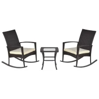 Outsunny 3 Pieces Patio Wicker Rocking Chair Set,  Outdoor PE Rattan Bistro Set Conversation Rocker Set with 2 Chairs 1 Coffee Table for Backyard, Deck, Poolside, Dark Grey(m-2)