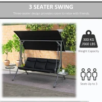 Outsunny 3 Seat Outdoor Swing Chair Steel Swing Bench Porch Swing With Adjustable Canopy & Coffee Tables & Cushion for Patio Garden, Black(m-7)