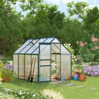 Outsunny 6' x 8' x 6.5' Polycarbonate Greenhouse, Walk-in Green House with Adjustable Roof Vent Galvanized Base Sliding Door Rain Gutter for Outdoor Garden Backyard, Green(m-10)