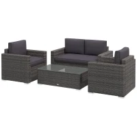 Outsunny 4 Pieces Rattan Sofa Set Wicker Patio Sofa Set with Loveseat Chairs Glass Top Coffee Table for Garden Outdoor Gray(m-1)
