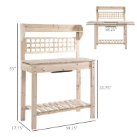 Outsunny Outdoor Potting Bench Table, Wooden Workstation with Sliding Tabletop, Storage Shelf and Dry Sink, for Greenhouse, Garden, Patio, Natural(m-3)