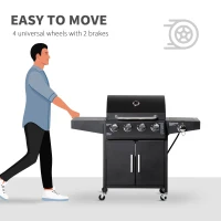 Outsunny 4+1 Burner Liquid Propane Gas Grill Outdoor Cabinet Style BBQ Trolley w/ Side Burner, Warming Rack, Side Shelf, Storage Cabinet, Thermometer, 4 Wheels, Carbon Steel, Black(m-7)