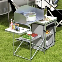 Outsunny Folding Camping Table with Storage Organizer Aluminum Portable Camping Kitchen with Windshield Light Stand Bag Silver(m-9)