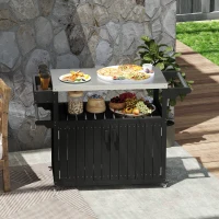 Outsunny Outdoor Bar Cart with Storage, Stainless Steel Outdoor Bar Table Top, Wheeled HDPE Kitchen Island for Food Prep, Black(m-10)