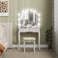 HOMCOM Makeup Vanity Table with Stool, Vanity Set with 10 LED Lights, 5 Drawers and 3 Compartments, White(m-9)