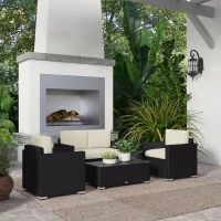 Outsunny 4 Pieces Rattan Sofa Set Wicker Patio Sofa Set with Loveseat Chairs Glass Top Coffee Table for Garden Outdoor Cream(m-10)