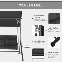 Outsunny 3 Seat Outdoor Swing Chair Steel Swing Bench Porch Swing With Adjustable Canopy & Coffee Tables & Cushion for Patio Garden, Black(m-6)