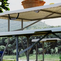 Outsunny 6FT 3 PCS Portable Camping Table and Chairs, Folding Picnic Table Bench Set with Carrying Handles for BBQ, Party, White(m-9)