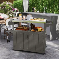 Outsunny Outdoor Bar Cart with Storage, Stainless Steel Outdoor Bar Table Top, Wheeled HDPE Kitchen Island for Food Prep, Gray(m-2)