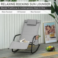 Outsunny Patio Rocking Chair with Mesh Fabric, Outdoor Rocking Sling Sun Lounger with Removable Headrest and Side Pocket for Garden, Deck, Lawn, Grey(m-4)
