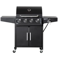 Outsunny 4+1 Burner Liquid Propane Gas Grill Outdoor Cabinet Style BBQ Trolley w/ Side Burner, Warming Rack, Side Shelf, Storage Cabinet, Thermometer, 4 Wheels, Carbon Steel, Black(m-2)
