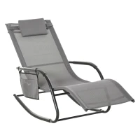 Outsunny Patio Rocking Chair with Mesh Fabric, Outdoor Rocking Sling Sun Lounger with Removable Headrest and Side Pocket for Garden, Deck, Lawn, Grey(m-2)