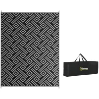 Outsunny Reversible Outdoor Rug Waterproof Plastic Straw RV Rug with Carry Bag, 9' x 12', Black and Grey Geometric(m-11)