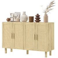 HOMCOM Boho Kitchen Cabinet, Buffet Cabinet with 4 Rattan Doors and Adjustable Shelves for Dining Room, Natural(m-1)