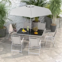 Outsunny 8 Piece Patio Set with Umbrella, 6 Folding Chairs, Rectangle Table, Outdoor Dining Set for 6 with Mesh Seat, Grey(m-8)