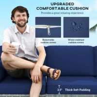 Outsunny 3-Seater Outdoor Sofa with Cushions, PE Rattan Conversation Patio Couch with Pillows for Garden, Poolside, Dark Blue(m-4)