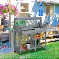 Outsunny Potting Bench Table, Outdoor Garden Table Wooden Work Station with Removable Sink, Faucet, Drawer, Shelves, Hooks, Gray(m-10)