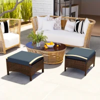 Outsunny 2 Pieces Wicker Outdoor Ottoman with Removable Cushion, Rattan Outdoor Footstool, Footrest and Side Table, Blue(m-8)