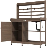 Outsunny Wooden Potting Bench with Storage, Sink, Water Tap for Backyard, Patio, Balcony, Dark Brown(m-1)