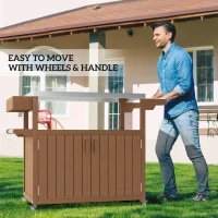 Outsunny Outdoor Bar Cart with Storage, Stainless Steel Outdoor Bar Table Top, Wheeled HDPE Kitchen Island for Food Prep, Brown(m-7)